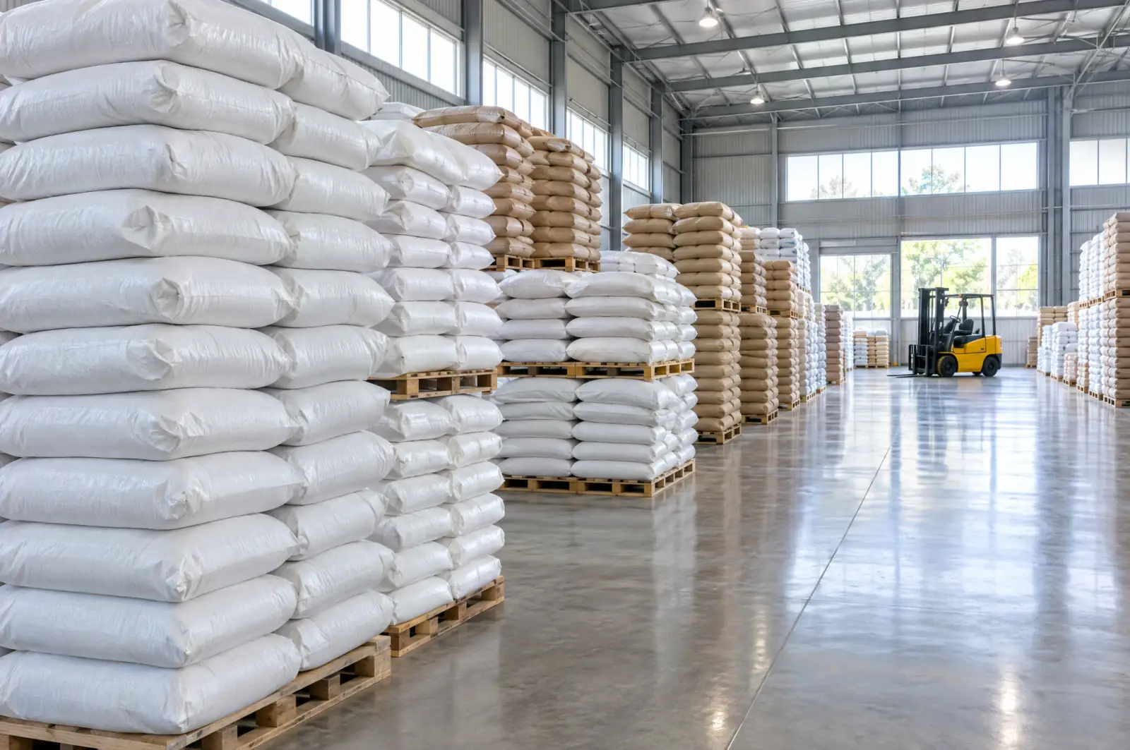 Bodega de insumos agrícolas con sacos en tarimas